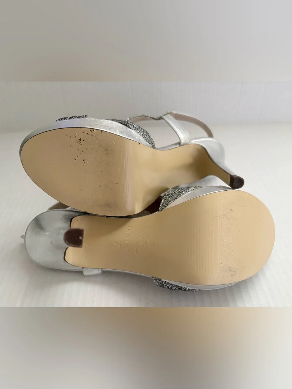 Maripe Silver Elegant Strappy High Heel Sandals in size 7 heels 4” high.